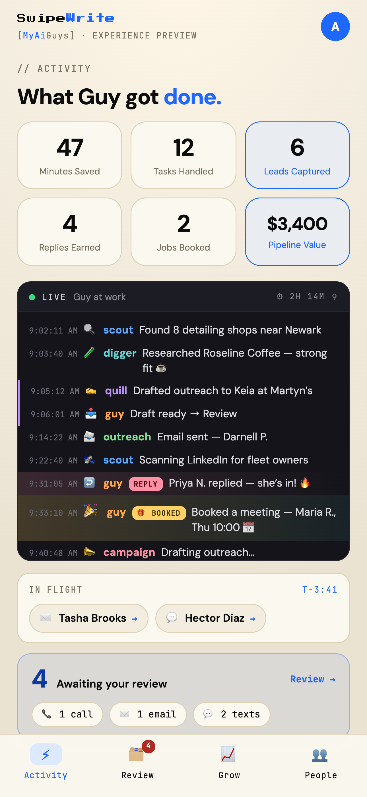 SwipeWrite Activity screen showing what Guy got done
